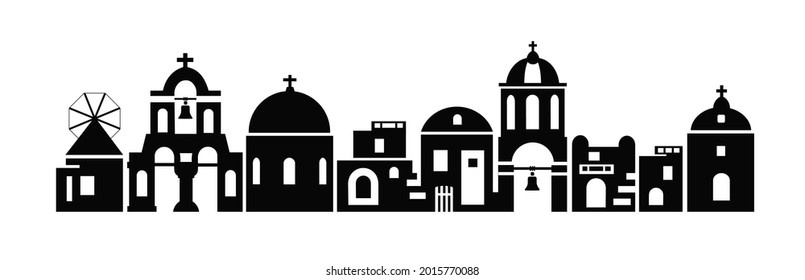 Santorini island, Greece. Traditional white architecture and Greek Orthodox churches with blue domes and a mill. Vector black and white silhouette.