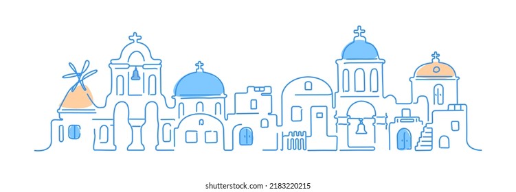 Santorini island, Greece. Traditional white architecture and Greek Orthodox churches with blue domes and a windmill. Vector linear illustration.