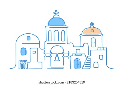 Isla Santorini, Grecia. Arquitectura blanca tradicional e iglesias ortodoxas griegas con cúpulas y casas azules. Ilustración lineal vectorial.