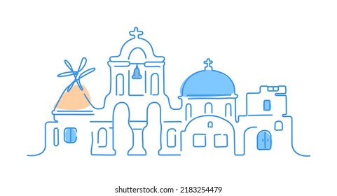 Isla Santorini, Grecia. Arquitectura blanca tradicional e iglesias ortodoxas griegas con cúpulas azules y un pequeño molino de viento. Ilustración lineal vectorial.