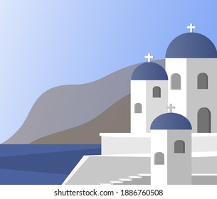 Santorini island, Greece.Vector illustration of Oia town. Traditional churches with blue domes of Santorini island, Greece.