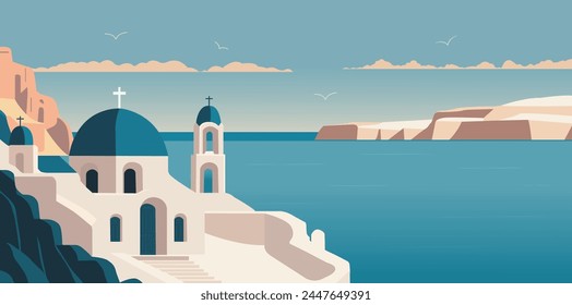 Insel Santorin, griechisch. Schöne Griechenland Landschaft Reise Hintergrund Postkarte. Santorini Illustration Landschaft Design. Vektorgrafik