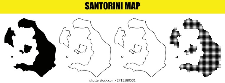 Estilos de mapa de la isla de Santorini, incluyendo el contorno de la silueta y las representaciones pixeladas, estos gráficos versátiles son perfectos para presentaciones de guías de viaje y proyectos de diseño que presentan la geografía de las islas griegas.