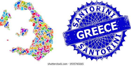 Santorini Island map template. Blot collage map and unclean seal for Santorini Island. Sharp rosette blue seal with tag for Santorini Island map.