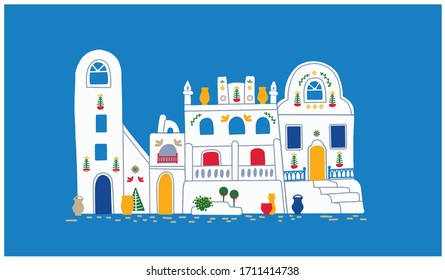 Santorini island tourism vector illustration in flat style. Simple illustration of beautiful buildings.