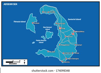 Santorini Island Vector Map Greece. This is a very detailed map of Santorini Island in Cyclades Greece Aegean sea. It has a layer with roads and major cities.