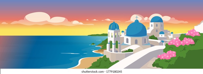 Santorini islands flat color vector illustration. Traditional white buildings with blue roofs in Greece. Greek architecture panoramic view 2D cartoon with seascape on background