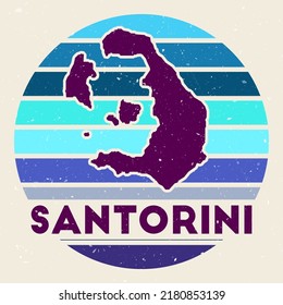 Santorini logo. Sign with the map of island and colored stripes, vector illustration. Can be used as insignia, logotype, label, sticker or badge of the Santorini.
