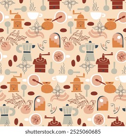 Santorini morning. Vector seamless pattern with elements of architecture, coffee, sun, coffee roasters and other kitchen utilities. Fashion background for home decor in beige colors