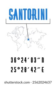 Santorini poster or t-shirt graphic design. City coordinates and world map location typography. Creative minimal travel destination poster design.