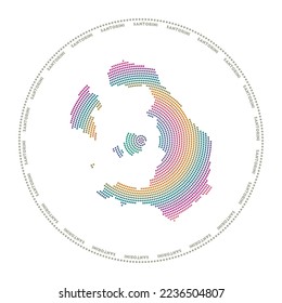Santorini round logo. Digital style shape of Santorini in dotted circle with island name. Tech icon of the island with gradiented dots. Neat vector illustration.