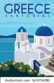 Santorini Vector Illustration Background. Travel to Santorini Greece Europe. Flat Cartoon Vector Illustration in Colored Style.