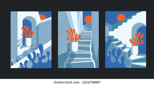 Santorini Vector Illustration Background. Traveling at Santorini Greece Europe with Historical Building Suitable for Print Art, Poster and Website. Flat Cartoon Vector Illustration in Colored Style.
