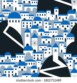 Santorini village inspired pattern in white and blue. Vector seamless pattern design for textile, fashion, paper and wrapping. 