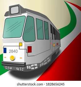 Santos city, Brazil. Italian tram from the 60s. Thematic painting in tribute to the painter Mondrian on colored bands of the flag of Italy. Vehicle used as a restaurant. Vector illustration.