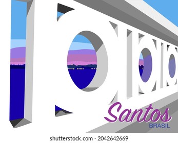 Santos city wall in perspective. Santos - Brasil. Local landmark called "Mureta". Sunset on the edge of the beach. Shades of pink and blue in the evening sky. Vector illustration - EPS