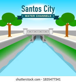 Santos city, water channels. Brand and visual identity in perspective. Sanitation and urbanism. Vector illustration.