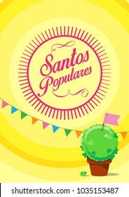 santos populares card with manjerico plant on radius yellow background for Portugal festival. vector illustration.