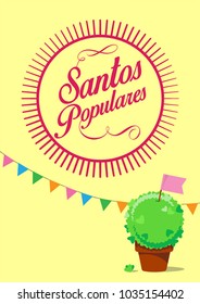 santos populares card with manjerico plant on yellow background for Portugal festival. vector illustration.