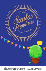 santos populares card with manjerico plant on blue background for Portugal festival. vector illustration.