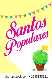 santos populares greeting card with manjerico plant on yellow and white background for Portugal festival. vector illustration.