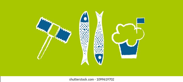 Santos Populares Illustration. Portuguese festivities in Portugal Lisbon and Porto. Elements: Manjerico plant, sardines, clown hammer