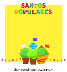 Santos Populares Portugues festival banner with bunting garlands, flags and manjerico plants.