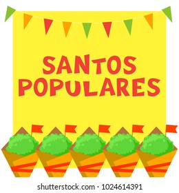 Santos Populares Portuguese festival card with manjerico plants and bunting garland.