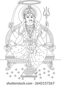 Santoshi Mata Hindu Goddess Line Art, Detailed line art illustration of Hindu Goddess Santoshi Mata. She is depicted seated on a throne, holding a sword and trident, with offerings at her feet. This