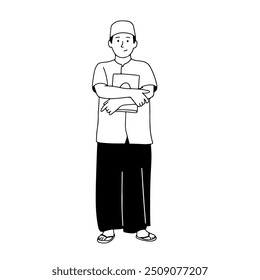 Santri carrying the Qur'an handdrawn illustration