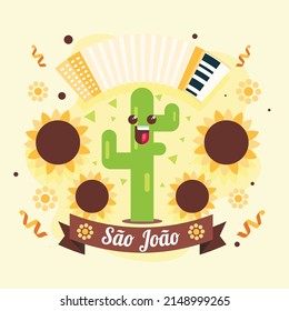 Sao joao brazil festa junina cultural festival, musical instrument accordion, cactus poster vector