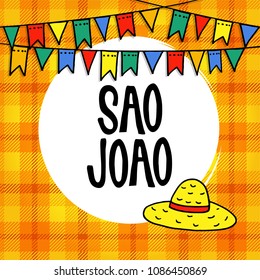 Sao Joao or Festa junina, Brazilian june party greeting card, invitation. Vector illustration background with garland of hand drawn flags and straw hat.