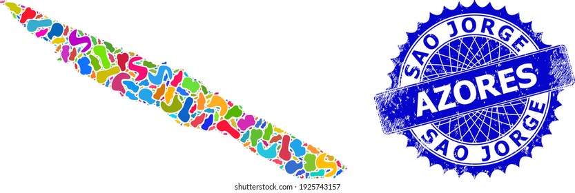 Imagen vectorial del mapa de la isla San Jorge. Mapa de mosaicos y sello de caucho para la isla de San Jorge. Sello azul rosetón afilado con texto para el mapa de la isla de San Jorge.
