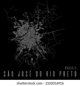 Sao Jose do Rio Preto city vector map poster. Brazil municipality square linear street map, administrative municipal area, white lines on black background, with title.