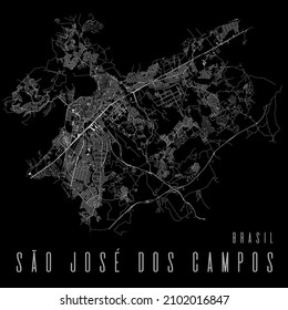 Sao Jose dos Campos city vector map poster. Brazil municipality square linear street map, administrative municipal area, white lines on black background, with title.