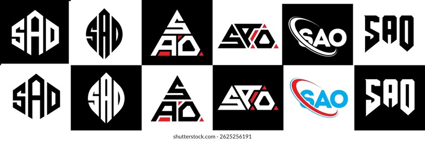 SAO letter logo design in six style. SAO polygon, circle, triangle, hexagon, flat and simple style with black and white color variation letter logo set in one artboard. SAO minimalist and classic logo