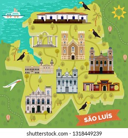 Sao Luis retro map with landmark places. Igreja da Se or cathedral of our Lady of Victory, Batista, Jose Sao Pantaleao, Largo dos Amores, Saint Antonio church, Raia fortification,Wang park.Sightseeing