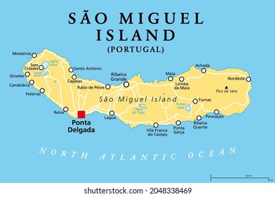 Sao Miguel Island, Azores, Portugal, political map, with capital Ponta Delgada. Nicknamed The Green Island, the largest and most populous island in the Portuguese archipelago of the Azores. Vector.