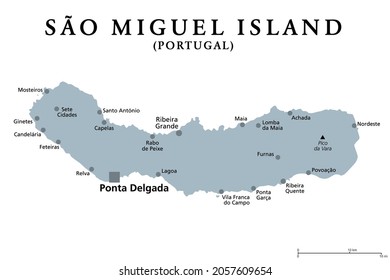 Sao Miguel Island, Azores, Portugal, gray political map with capital Ponta Delgada. Nicknamed The Green Island, the largest and most populous island in the Portuguese archipelago of the Azores. Vector