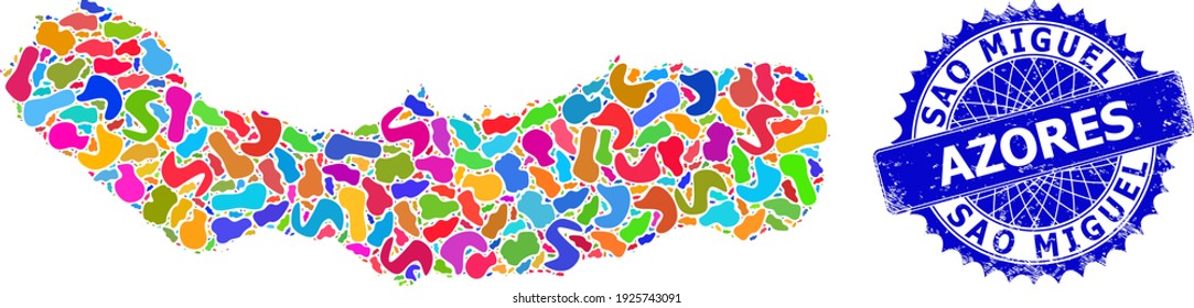 Sao Miguel Island map vector image. Splash collage map and corroded stamp for Sao Miguel Island. Sharp rosette blue stamp with tag for Sao Miguel Island map.