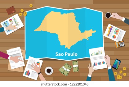 sao paulo brazil city region economy growth with team discuss on fold maps view from top vector illustration