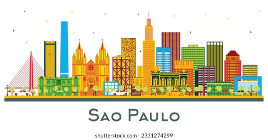 Sao Paulo Brazil City Skyline with Color Buildings Isolated on White. Vector Illustration. Business Travel and Tourism Concept with Modern Buildings. Sao Paulo Cityscape with Landmarks.