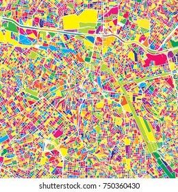 Sao Paulo, Brazil, colorful vector map.  White streets, railways and water. Bright colored landmark shapes. Art print pattern.