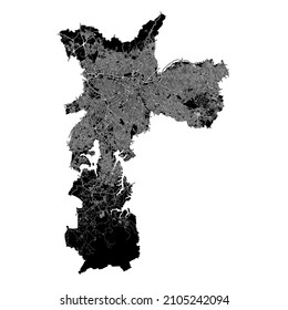 Sao Paulo, Brazil, high resolution vector map with city boundaries, and editable paths. The city map was drawn with white areas and lines for main roads, side roads and watercourses on a black