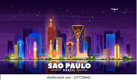 Sao Paulo (Brazil) Night Skyline With Panorama In Sky Background. Vector Illustration. Business Travel And Tourism Concept With Modern Buildings. Image For Banner Or Web Site. - Vector