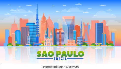 Sao Paulo (Brazil) skyline with panorama in sky background. Vector Illustration. Business travel and tourism concept with modern buildings. Image for banner or web site. 