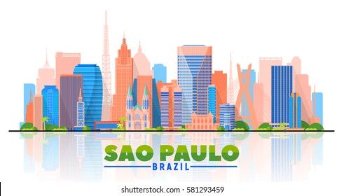 Sao Paulo (Brazil) skyline with panorama in white background. Vector Illustration. Business travel and tourism concept with modern buildings. Image for banner or web site.