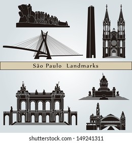 Sao Paulo landmarks and monuments isolated on blue background in editable vector file