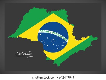 Sao Paulo map with Brazilian national flag illustration