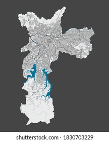 Sao Paulo map. Detailed map of Sao Paulo city administrative area. Cityscape panorama. Royalty free vector illustration. Outline map with highways, streets, rivers. Tourist decorative street map.